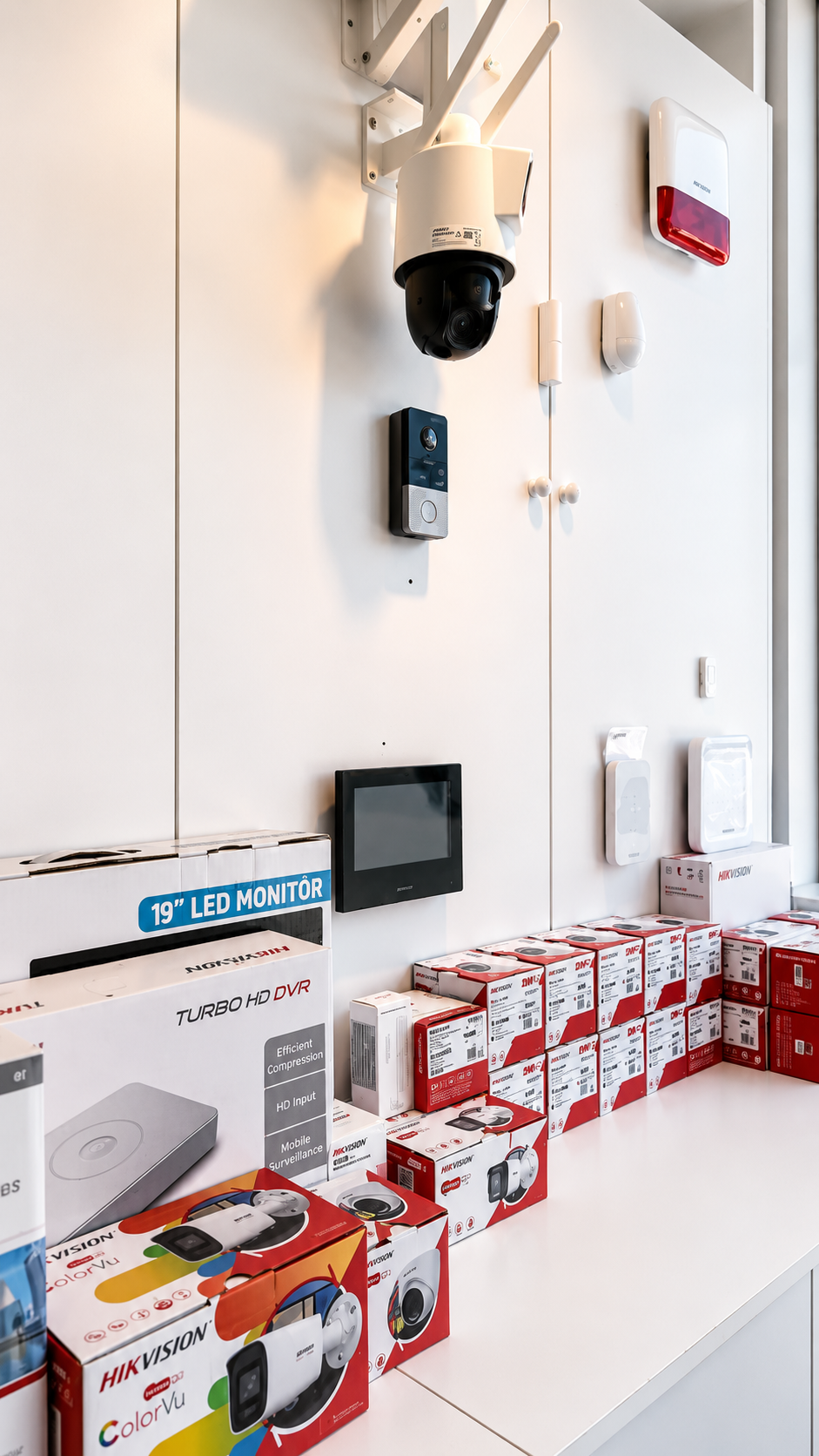 Alarm, interkom ve güvenlik ekipmanlarının sergilendiği çözüm duvarı